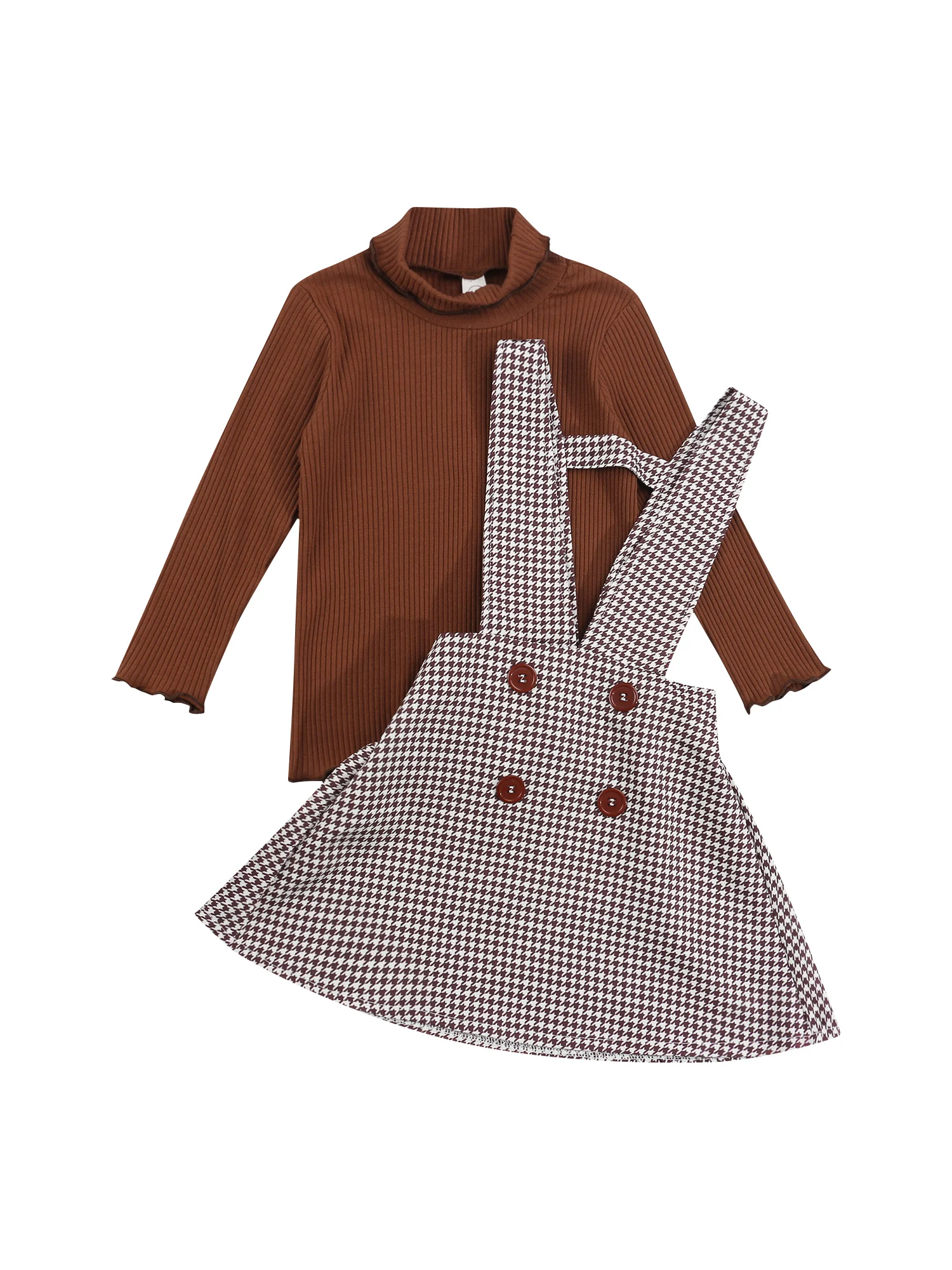 2Pcs Adorable Girls Ensemble Fall Kids Plain Long Sleeve Turtleneck Shirt Checkered Overall Skirt Set Cute Style