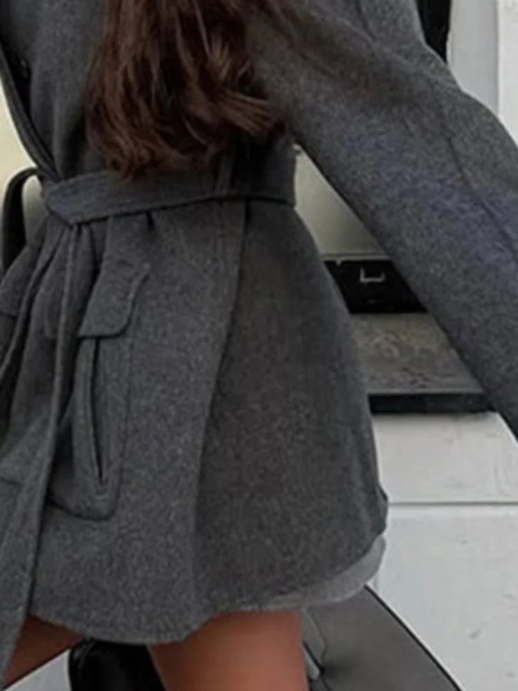 

Lace Up Woolen Coat Women Stand Collar Warm Waist Cinched Slimming Pocket Female Overcoat Autumn Mid Length Lady Outwear