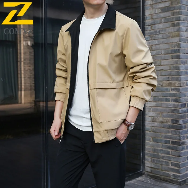 

COMXZ 2025, новинка весны и осени, мужское двустороннее пальто, куртка среднего возраста с лацканами, свободный крой, топ большого размера, водонепроницаемая ветрозащитная ветровка