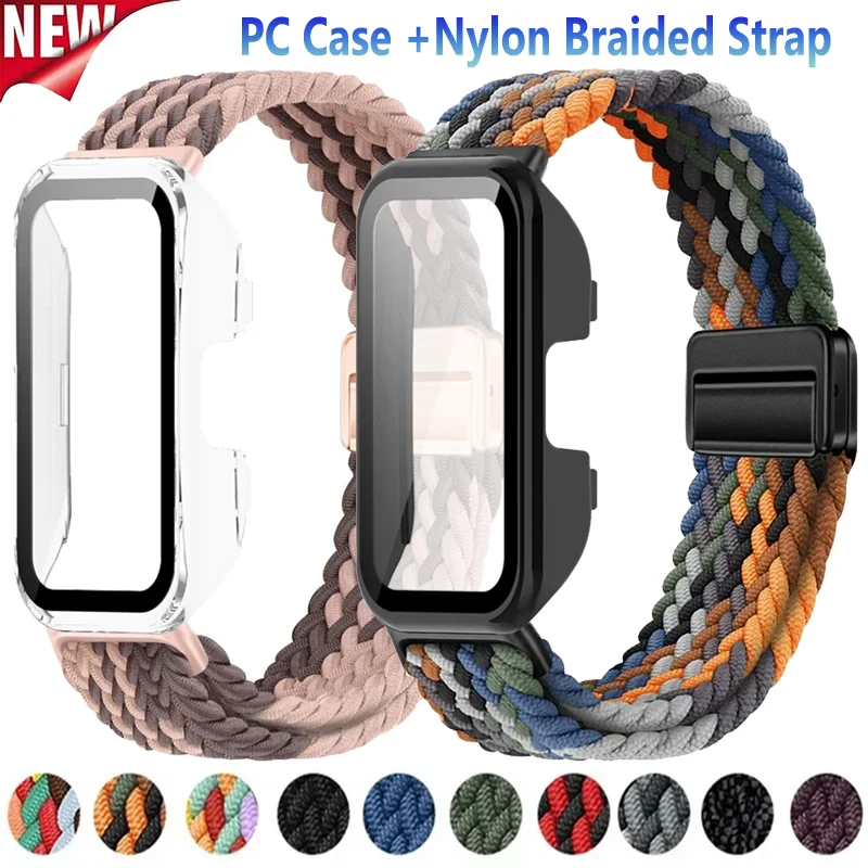 PC-Gehäuse + Nylon-Geflechtband für Huawei Band 10 9 8 Magnetisches Modisches Armband für Huawei Band 10 9 8 Schutzgehäuse aus Glas
