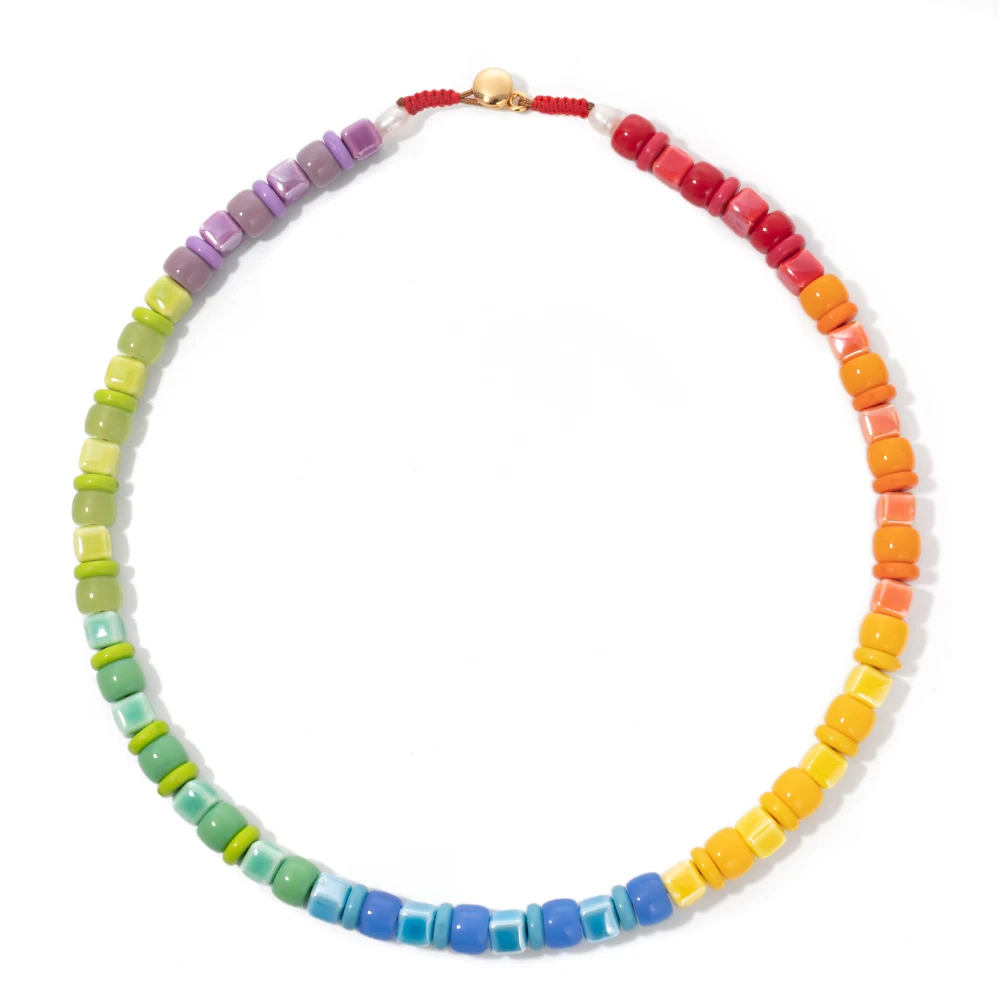 New Fashion Colorful Beads Necklace For Women Handmade Rainbow Color Ceramic Beaded Necklace For Spring Summer Beads Jewelry