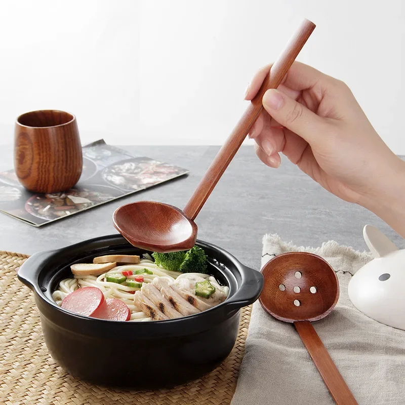 Japanese Spoon Long-Handled Soup Bamboo Spoon Cooking Wooden Lamian Noodles Spoon Hot Pot Strainer Household Kitchen Accessories
