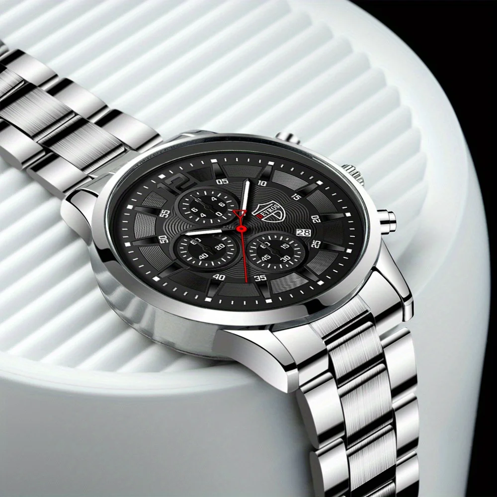 5 unids/set de relojes de aleación de plata a la moda para hombre con indicador de fecha reloj de pulsera de cuarzo conjunto para hombre, regalo para amigos