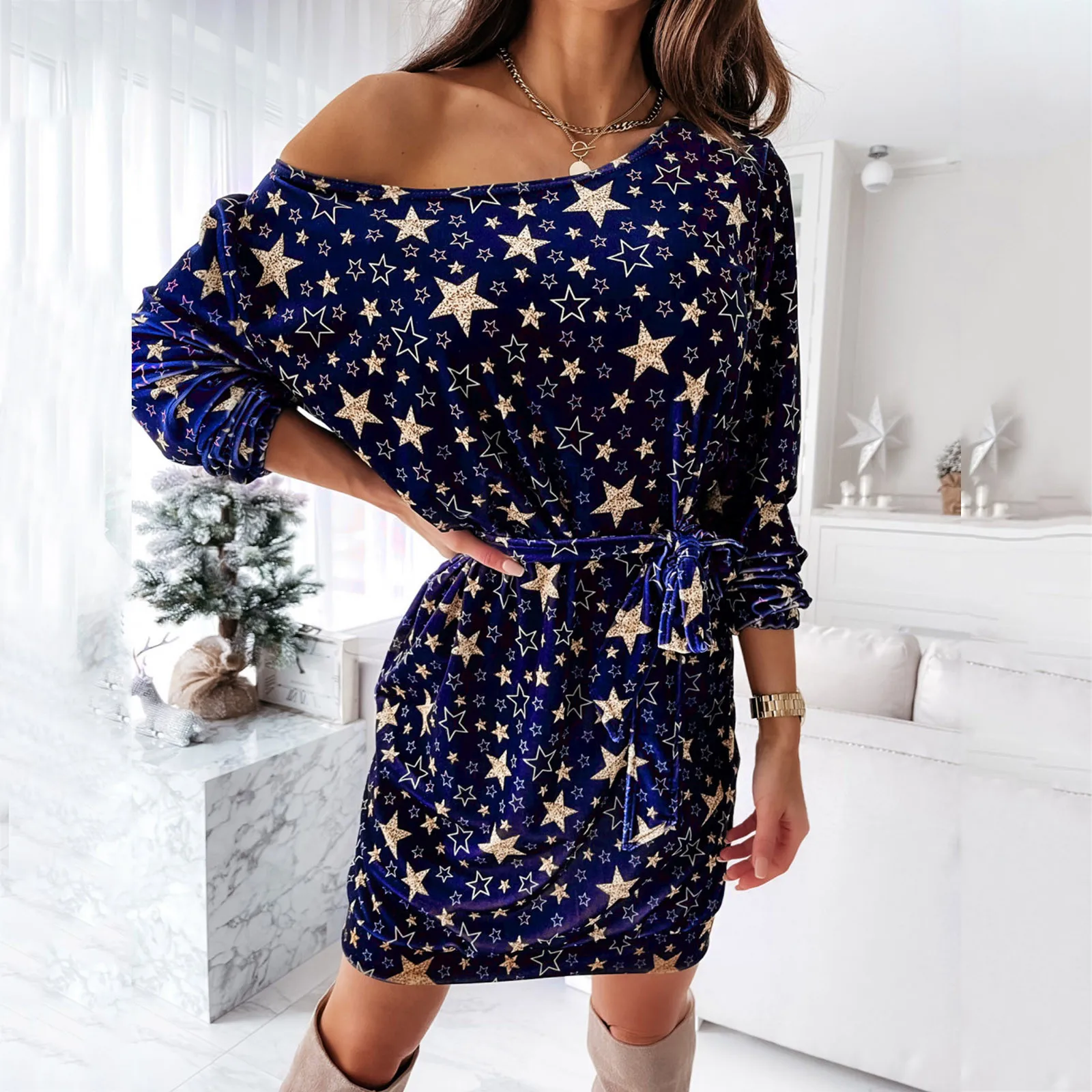 

Christmas Star Printed Dress Autumn Winter Long Sleeve Slim Vintage A-Line Mini Dress Casual O-Neck Vestidos Robe Clothing New