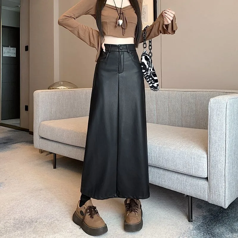 Women Retro PU Leather Midi Skirt High Waist Split A Line Bodycon Skirt