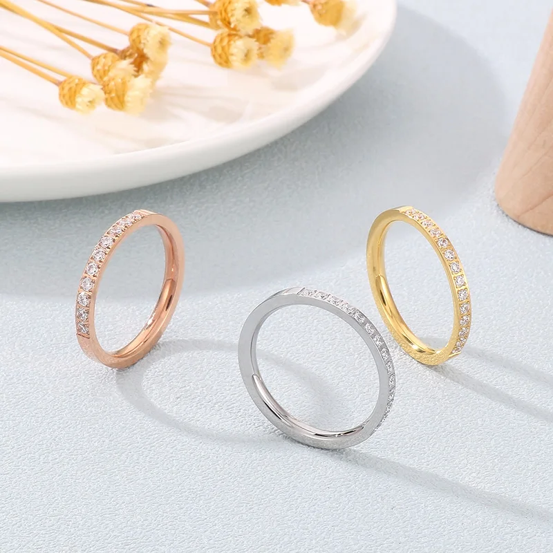 French Crystal Rhinestone Rings for Women Girl Gold Silver Rose-gold Color Stainless Steel Ring Luxury Jewelry Party Wedding