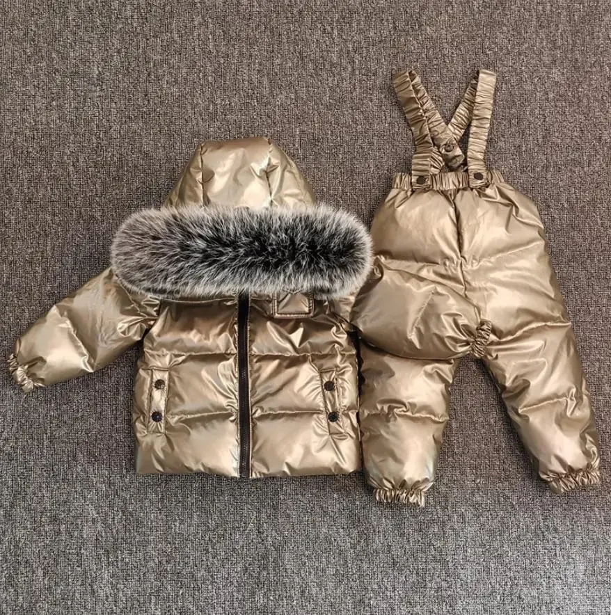 New Winter Thicker Children Down Jacket Overall Suit Big Real Fur Collar Kids Ski Suit Boys Girls Warm Jacket Silver ws1876