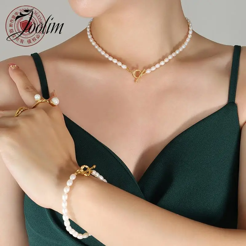 Joolim Jewelry High End PVD Wholesale Waterproof Elegant Baroque Freshwater Pearl Toggle Stainless Steel Necklace for Women