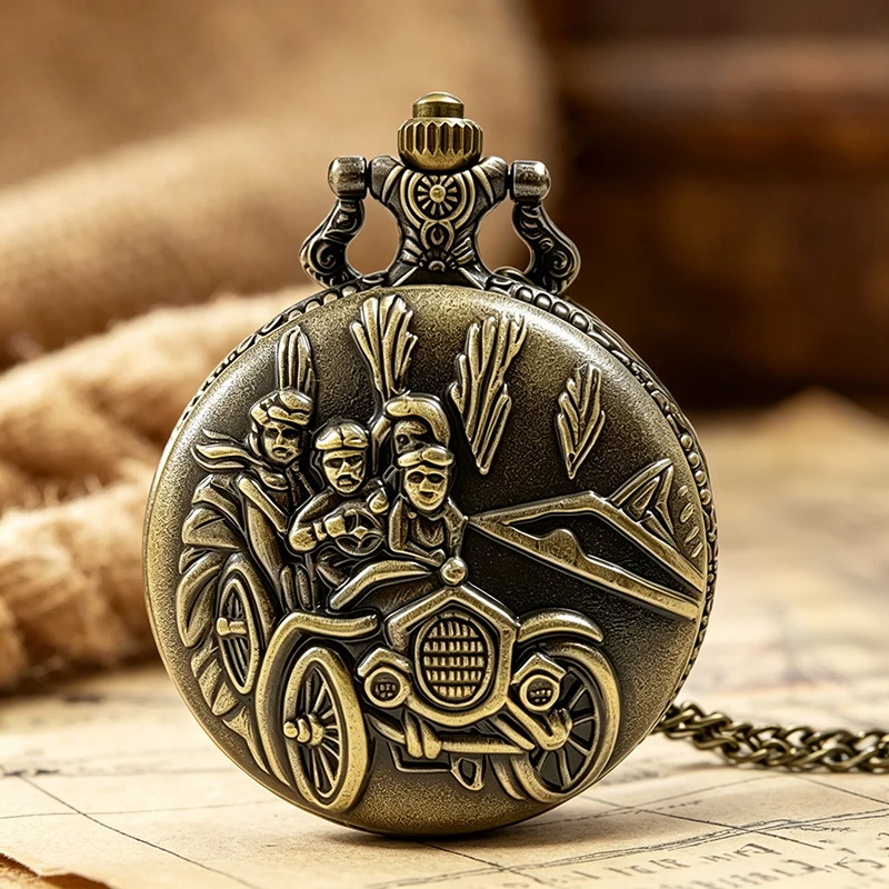 Retro Oldtimer Car Pattern Pocket Watch Steampunk Analog Quartz Watch with Necklace Chain Vintage Collectible Pendant Clock