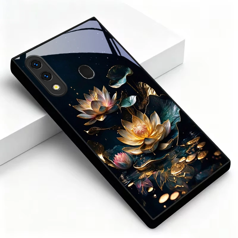 Luxe Lotus Water Art Black Glass Phone Case For Samsung A30 A31 A32 A33 A34 A35 A42 A20 A25 A26 A51 A56 A54 A72 73 70 Back Cover