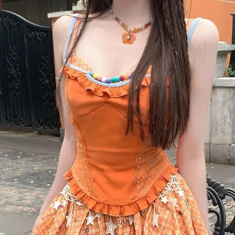 Summer New Orange Dopamine Sweet Spicy Girl Lace Camisole Top+Bud Skirt Two Piece Sets Womens Outifits Kawaii Sweet Girl Clothes view 5