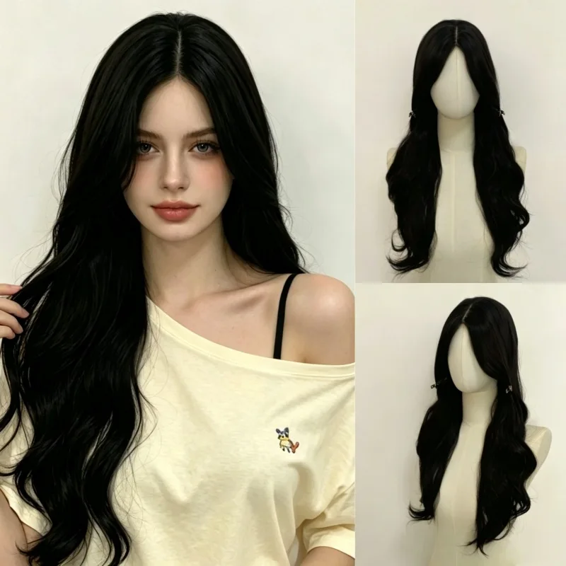 Fashionable medium-parted long curly hair wig for women with simulated matte silk rose mesh head-mounted Synthetic wig headgear