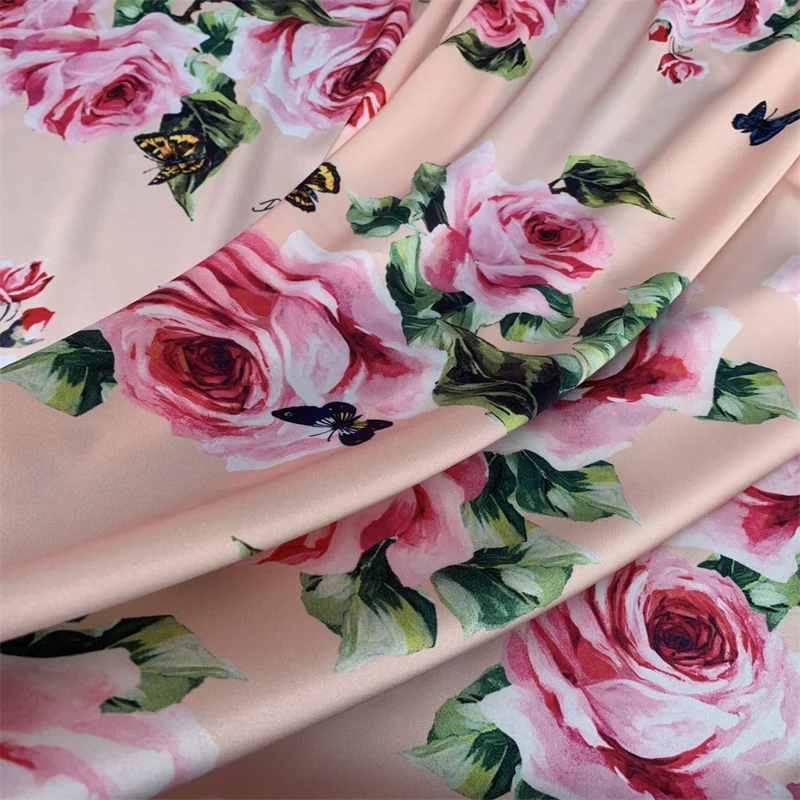 Spring Summer Luxury Brand Rose Butterfly Pattern Digital Printing Stretch Satin Fabric Hand DIY Sewing Dress Material