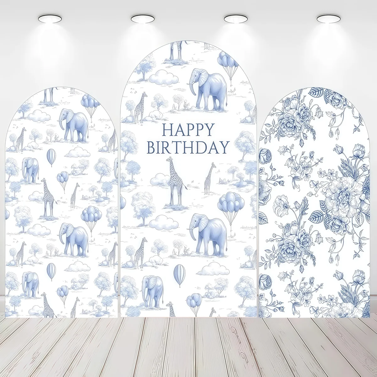 Blue Safari Floral Arch Backdrop Elephant Giraffe Pattern Decor Happy Birthday For Kids Party Photo Booth Background Decoration