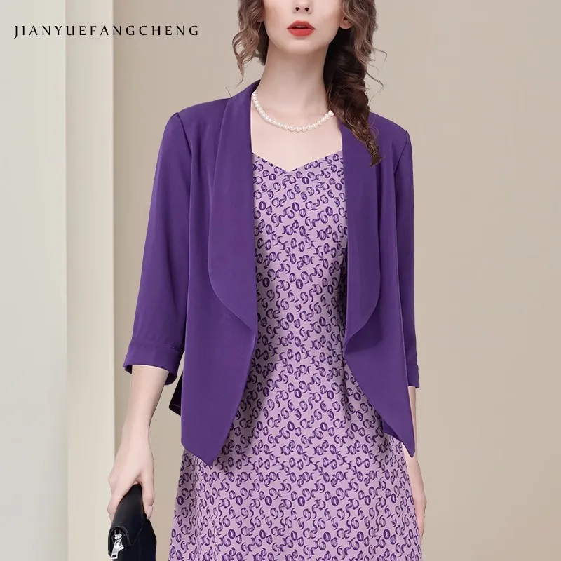 Casacos femininos sem botões roxo casual blazer 3/4 mangas terno colarinho capa casaco