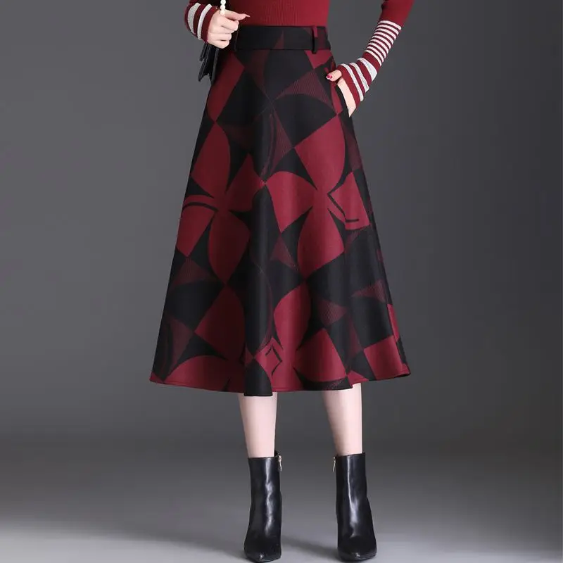 Autumn Winter Fashion High End Camel Fleece Print Skirt Women's High Waist Pocket Woolen Medium Length A-line Large Swing Skirt