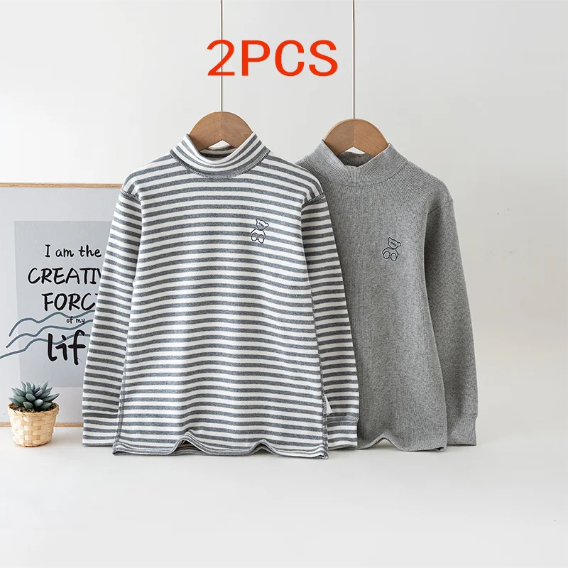 2PCS Autumn Winter Warm Boys'Clothes Unisex Underwear Children's Pajamas Lycra Cotton Long Sleeve Bottom Shirt Top Middle Neck