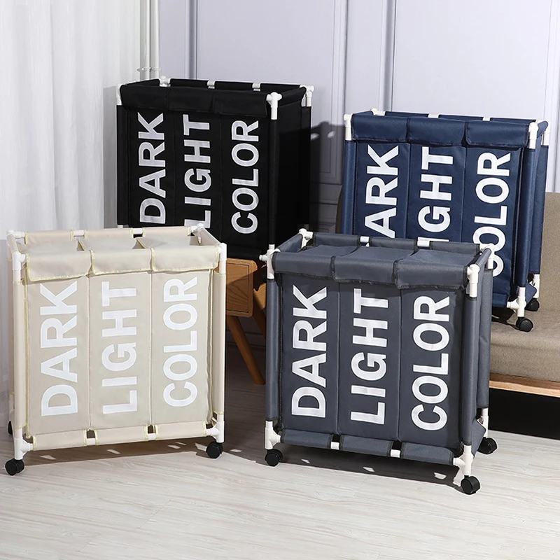 

Three Grids Laundry Basket With Wheeled Dirty Clothes Hamper High Capacity Foldable Laundry Basket Waterproof Laundry Organizer