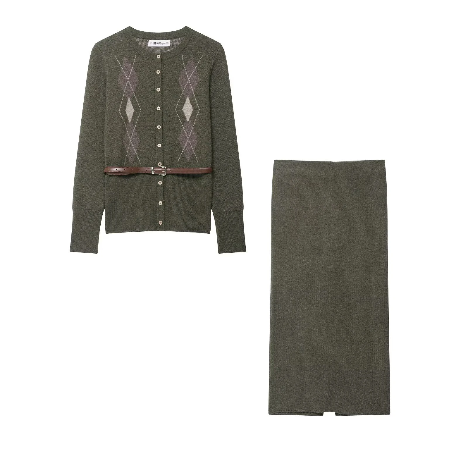 

Повседневная вязаная куртка с поясом и ромбовидным узором, юбка-миди в рубчик, новая женская одежда