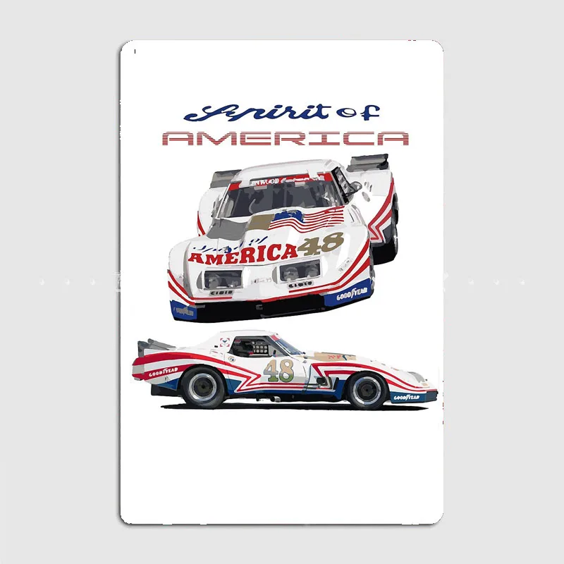 Spirit of America Greenwood Chevy Corvette Race Car Metal Sign Poster Garage Living Room Living Custom Tin Vintage Home Decor