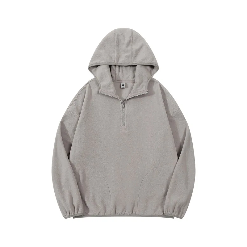 【Mirrordust】سويت شيرت بقلنسوة من الصوف القطبي بنصف سحاب للرجال بلون سادة ودافئ للرياضة في الهواء الطلق