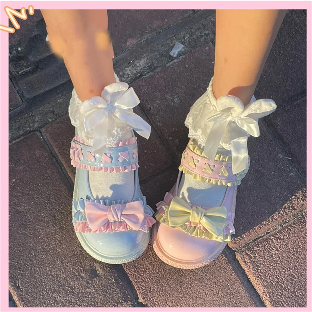 Japanese Sweet Girl Style Loretta Shoes Round Head Flat Bottom Candy Colored Kawaii Loretta Lovely Bow Ruffled 3-5cm Heel Shoes