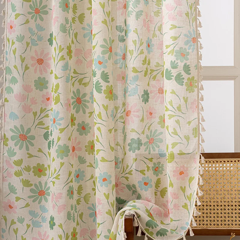 Picture 5: 1PC New Semi-Sheer American Style Curtain, Bamboo Hemp Fabric, Floral Pattern, Rod-Pass Through, Fresh Country Style, Single Pie