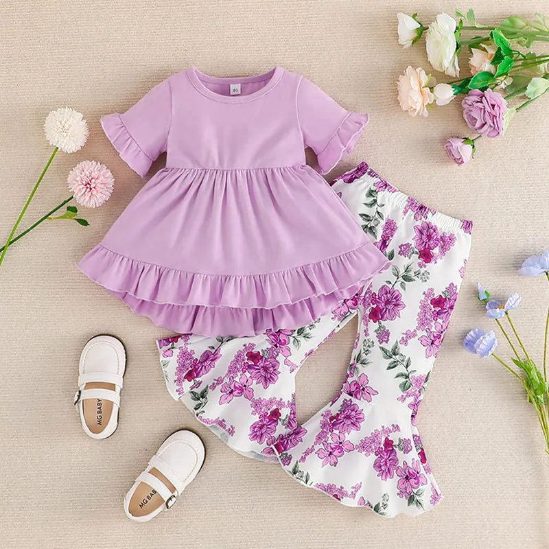 

Summer Newborn Children Girl Clothes Suits Short Sleeve Solid Top Dress+Floral Print Bell-Bottoms Pants Infant Kids Casual Sets