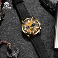 OCSHTIN Watch for Men Golden Luxury Chronograph Date Quartz Wristwatches Military Sports Leather Band Male Clock erkek kol saati