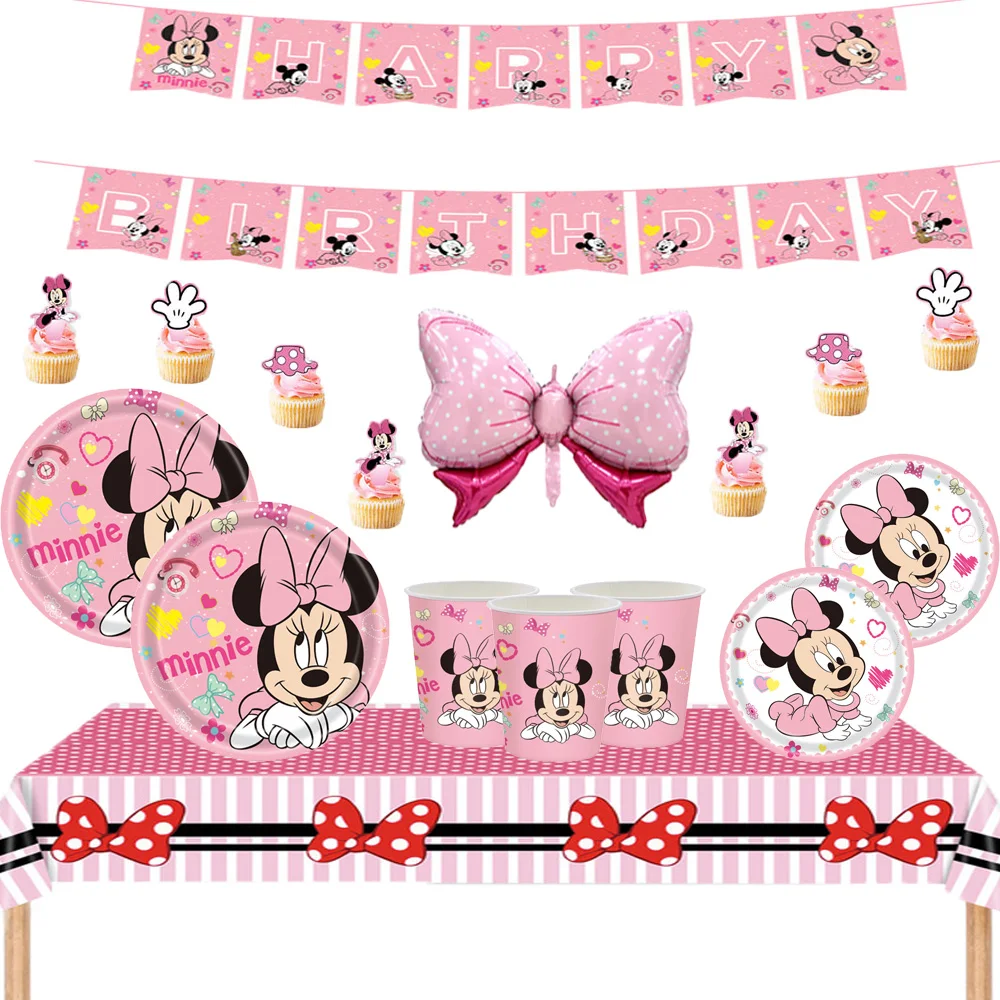 

Minnie Mouse Theme Baby Bath Birthday Party Supplies Minnie Cup Plate Kid Girl Baby Party Decoration Disposable Tableware Decor