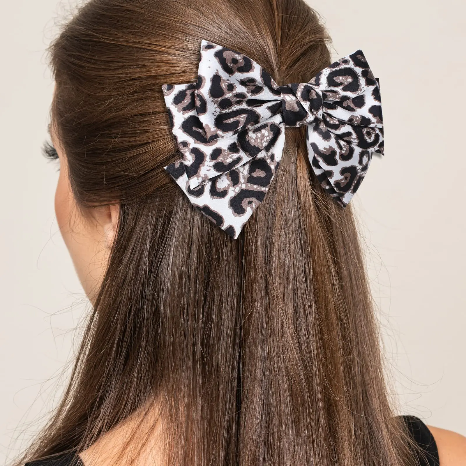 New Leopard Print Oversized Bow Women\'s Hairpin Three-Layer Satin Fabric Spring Clip Top Clip Ponytail Clip Hair Accessories