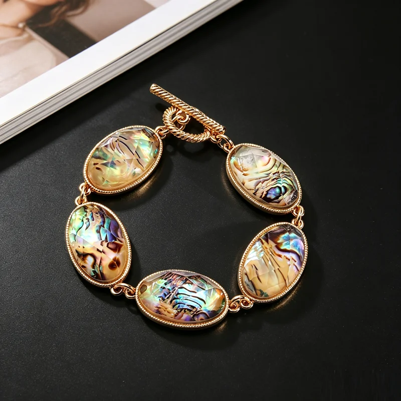Natrual Faceted Abalone Shell White Pearl OT Toggle Bracelet Elegant Oval Link Bracelet for Women Fashion Wedding Jewelry B100