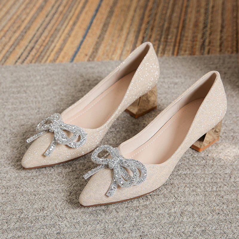 

Womens Spring Summer French Style Pointed Toe High Heels Elegant Chunky Heel Plus Size Pumps With Flower Decor All Match Dress