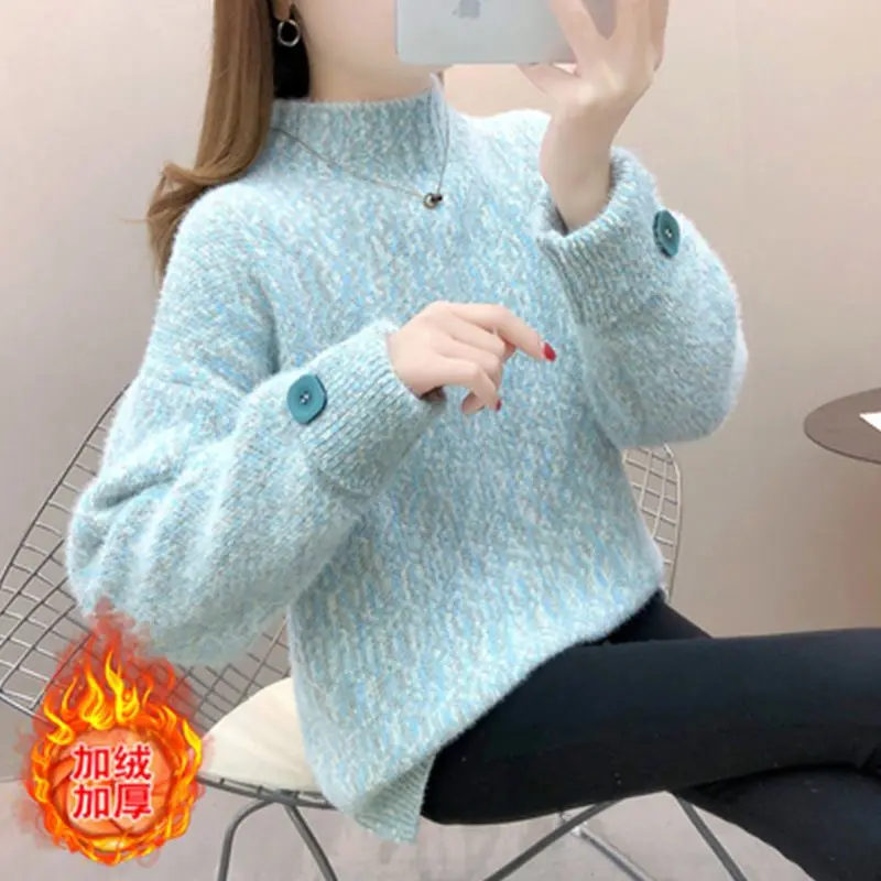 Mulheres moda coreana chique veludo grosso quente camisola de malha outono inverno casual meia gola alta manga longa solta pulôver topos