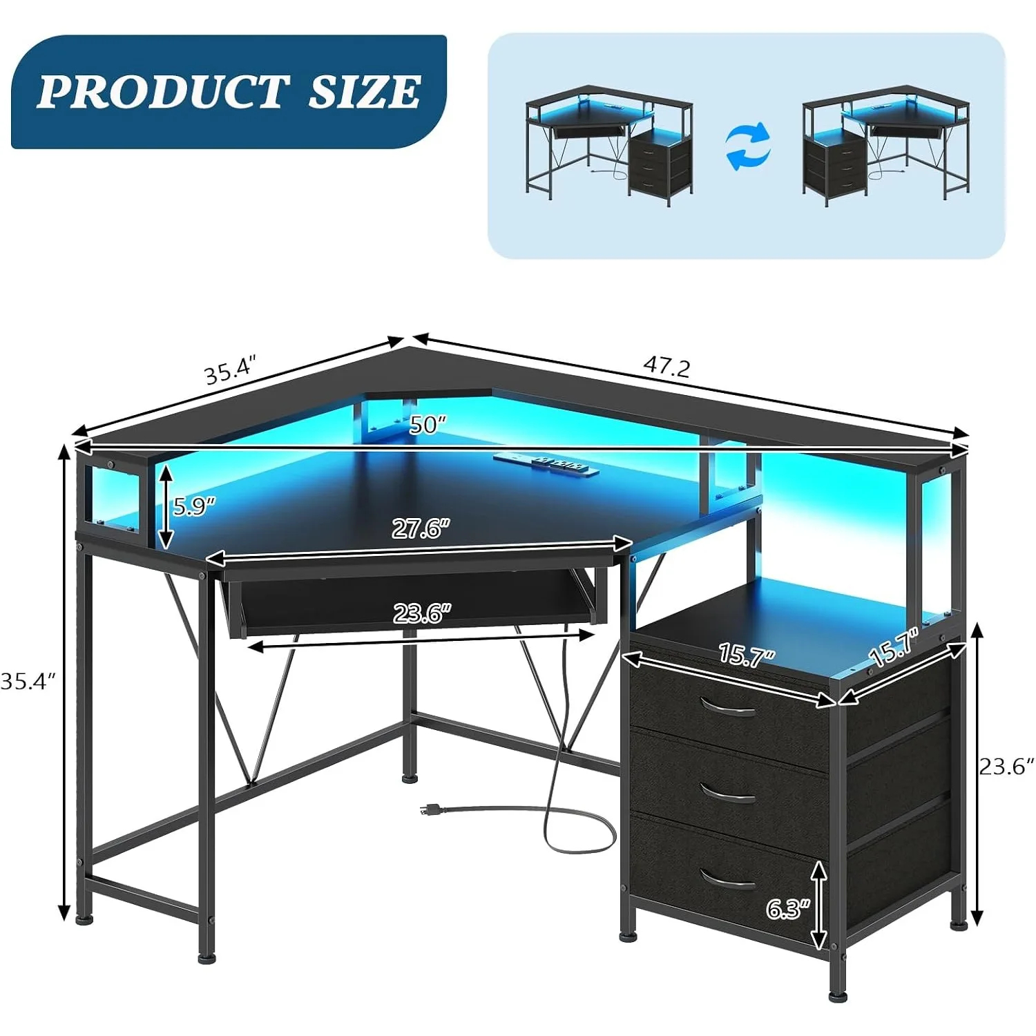 47" Corner Desk with Drawers, Power Outlets ＆ Printer Shelf for Small Space - view 2