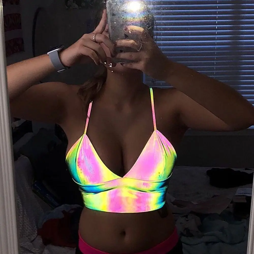 Colorful Reflective Laser Tops Sexy V Neck Satin Tube Chest Wrap Slim Bandeau Underwear Club Party