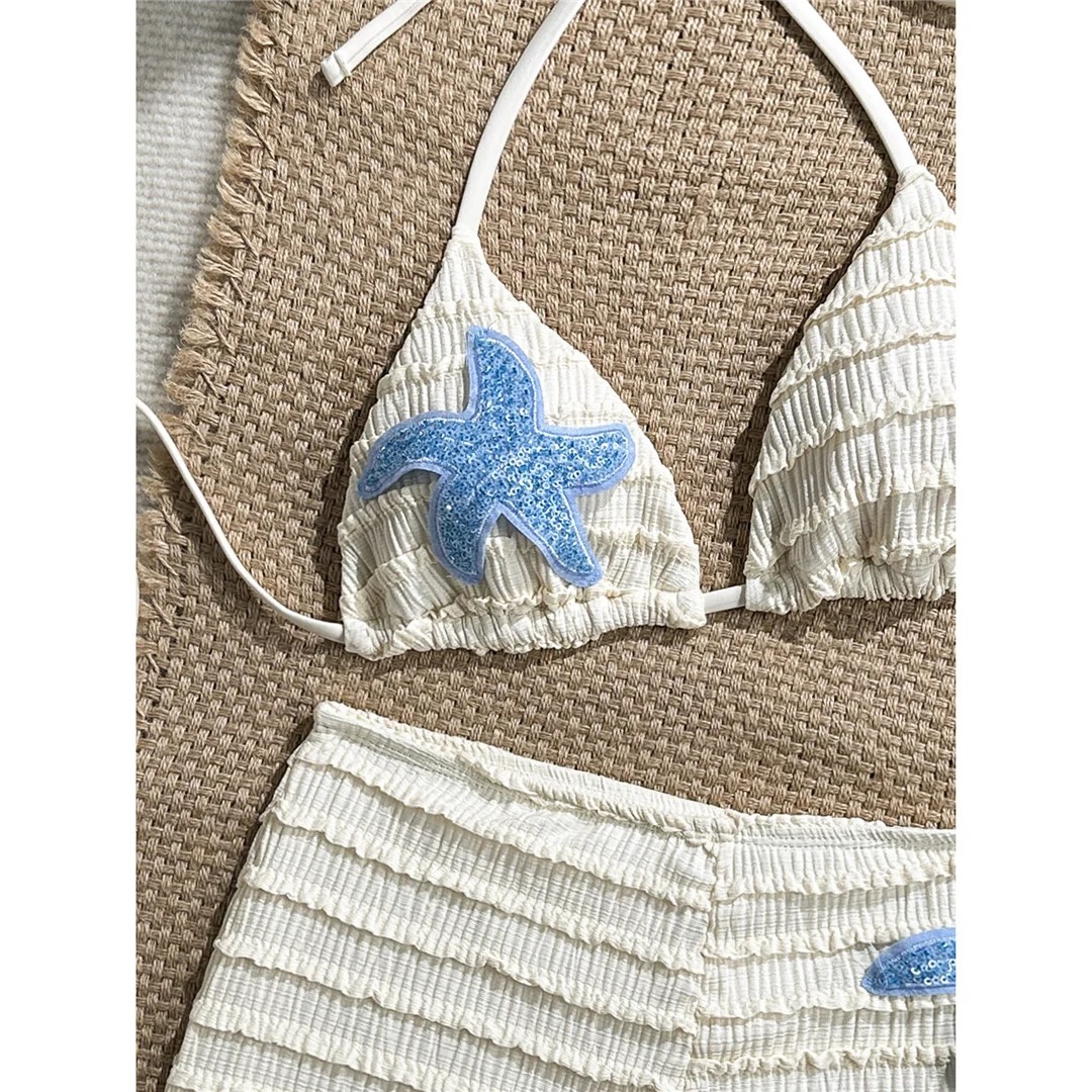 Pailletten-Sternfisch-Neckholder-Bikini mit hoher Taille, Damen-Badeanzug, zweiteiliges Bikini-Set, Badebekleidung, Badeanzug, Schwimmanzug V8215 – Detail 4