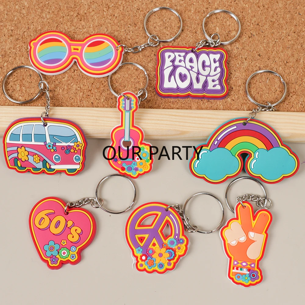 8Pcs 60s Hippie Groovy Theme PVC Keychain Rainbow Bohemian Backpack Pendant for Birthday Wedding Party Favors Pinata Fillers