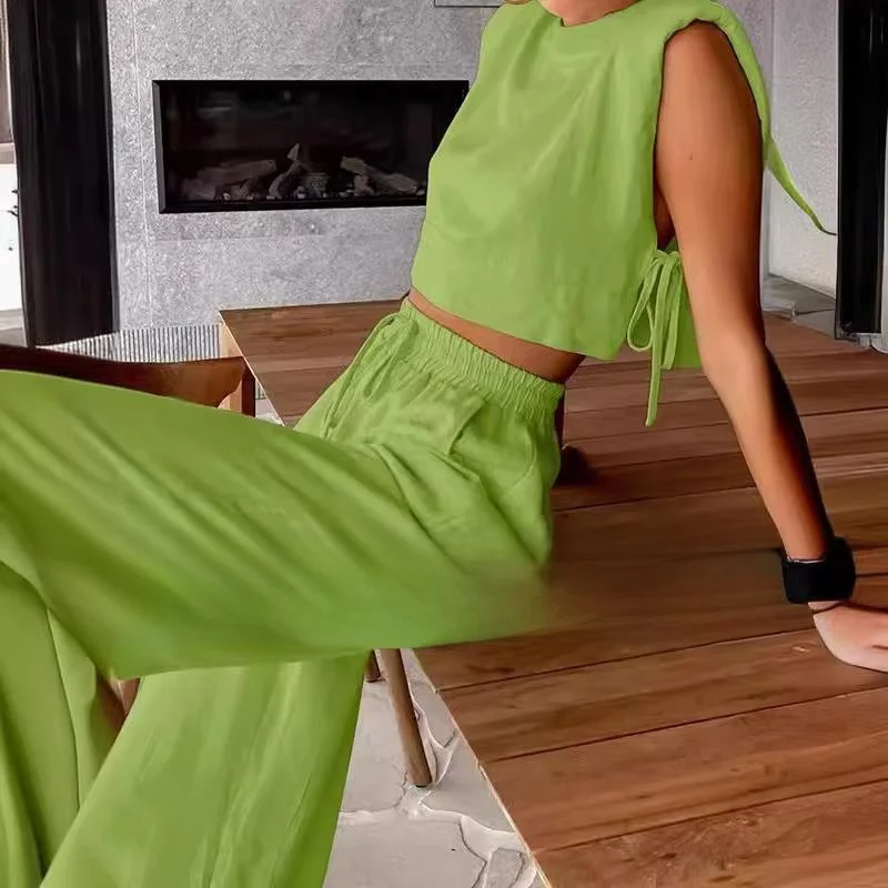 レディース綿麻セット、パッド入り肩、エレガントな春ファッション、ツーピーススーツ、ロングパンツ、ノースリーブ、無地