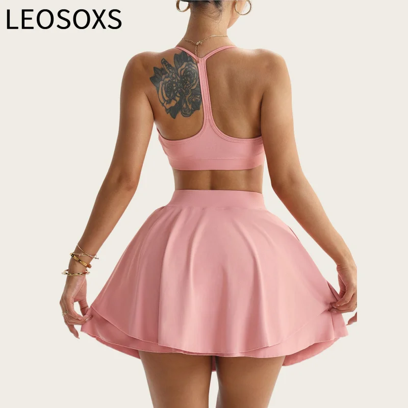 

LEOSOXS 2PCS Yoga Set Casual Outdoor Bra Tennis Short Skirt Running Pocket Fitness Gym Breathable Tank Top Tennis Suit Set