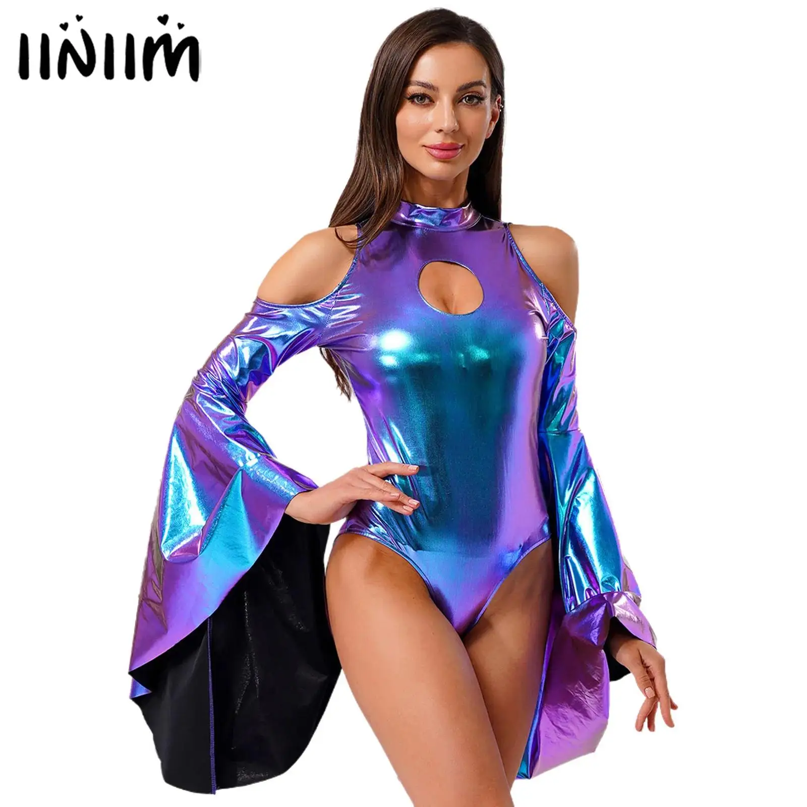 

Womens Metallic Shiny Bodysuit for Pole Dancing Rave Clubwear Keyhole Exaggerate Flared Sleeve Leotard Jumpsuit Disco Dancewear