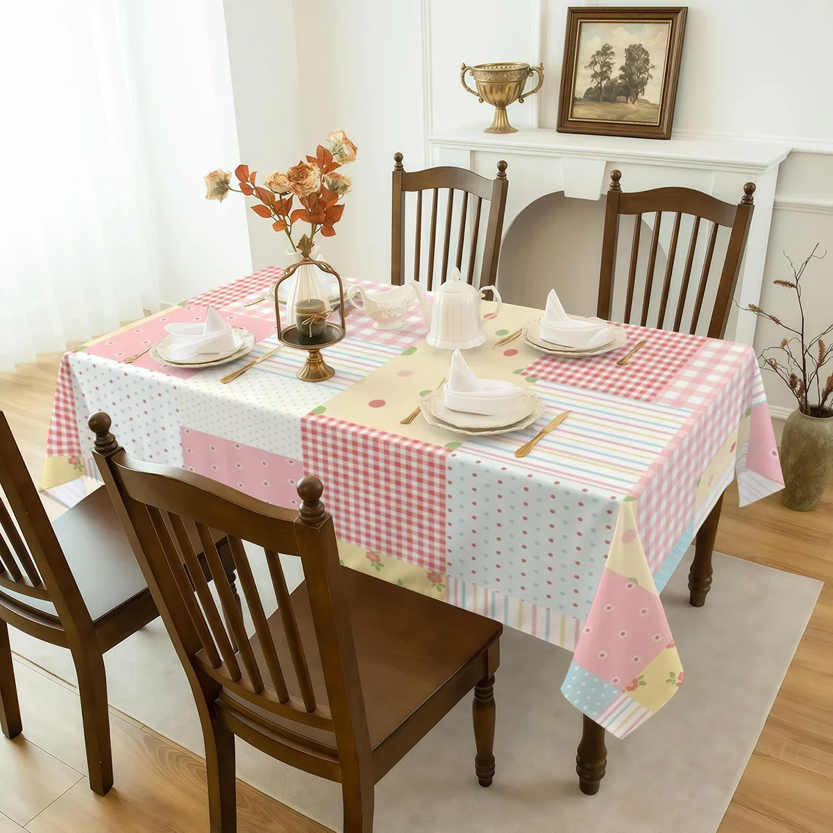 Patchwork-style pink, yellow and blue checkered and polka-dotted tablecloth, durable polyester tablecloth