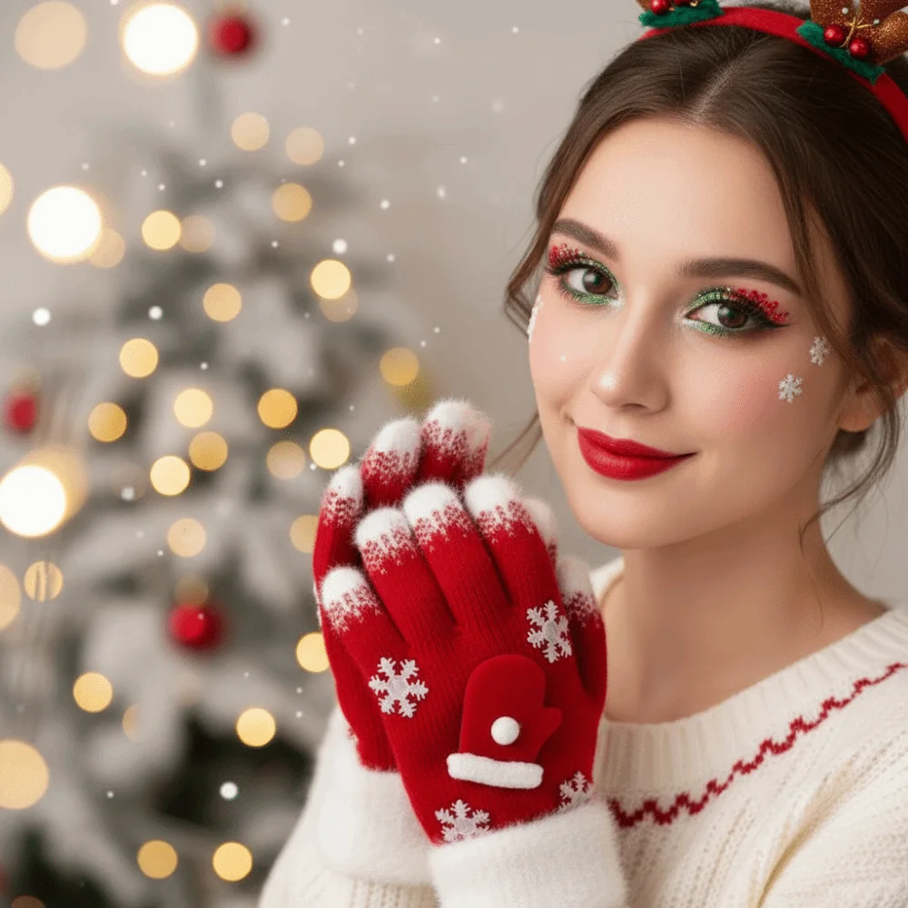 Red Green Christmas Gloves Plush Cuff Knitted Woolen Winter Knit Mittens Double Colored High Quality Full Finger Gloves