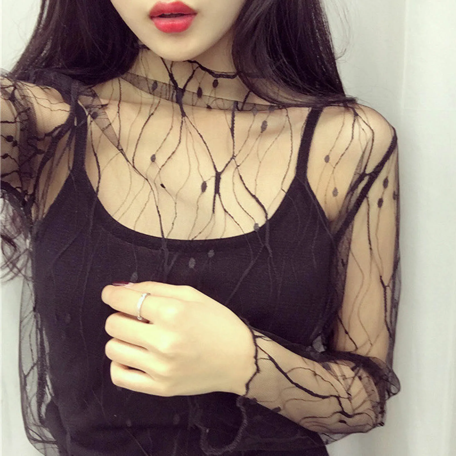 

Women's Mesh Casual Blouse Korean Fashion O-Neck Long Sleeve Sheer Loose Shirts Tops Ladies Clothes Chic Bottoming Shirts Women