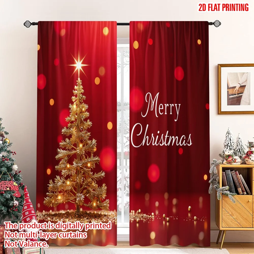 

2pcs 2D flat printing Merry Christmas Popular Window Curtains Golden Christmas Tree Glitter Fabric Without Electricity Birthday