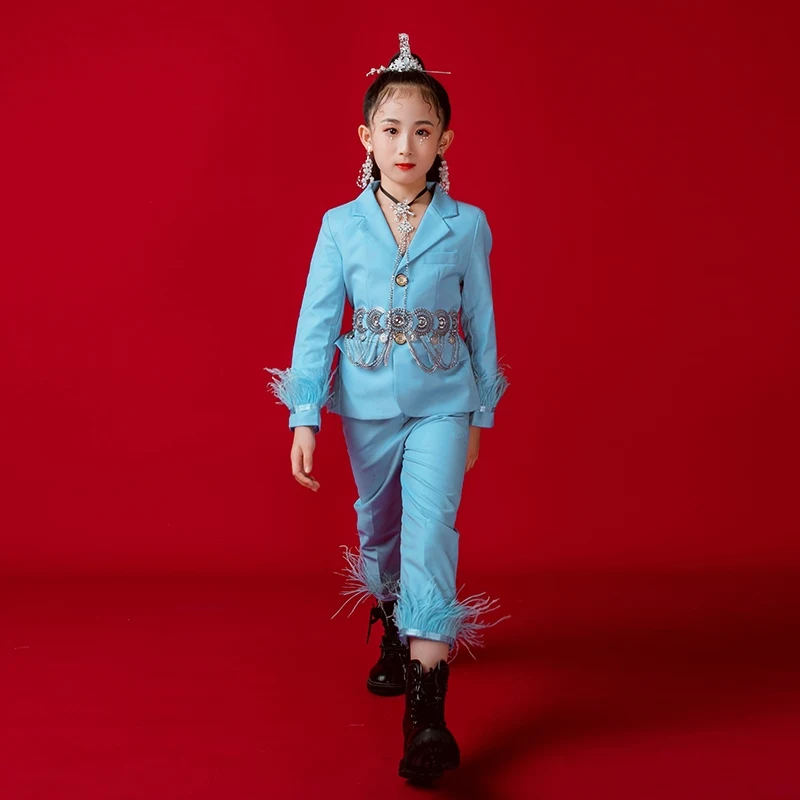 Model Runway Show Costume Sky Blue Feather Suit Jazz Modern Dance Costumes For Girls Hip Hop Performance Stage Clothes DQL8833