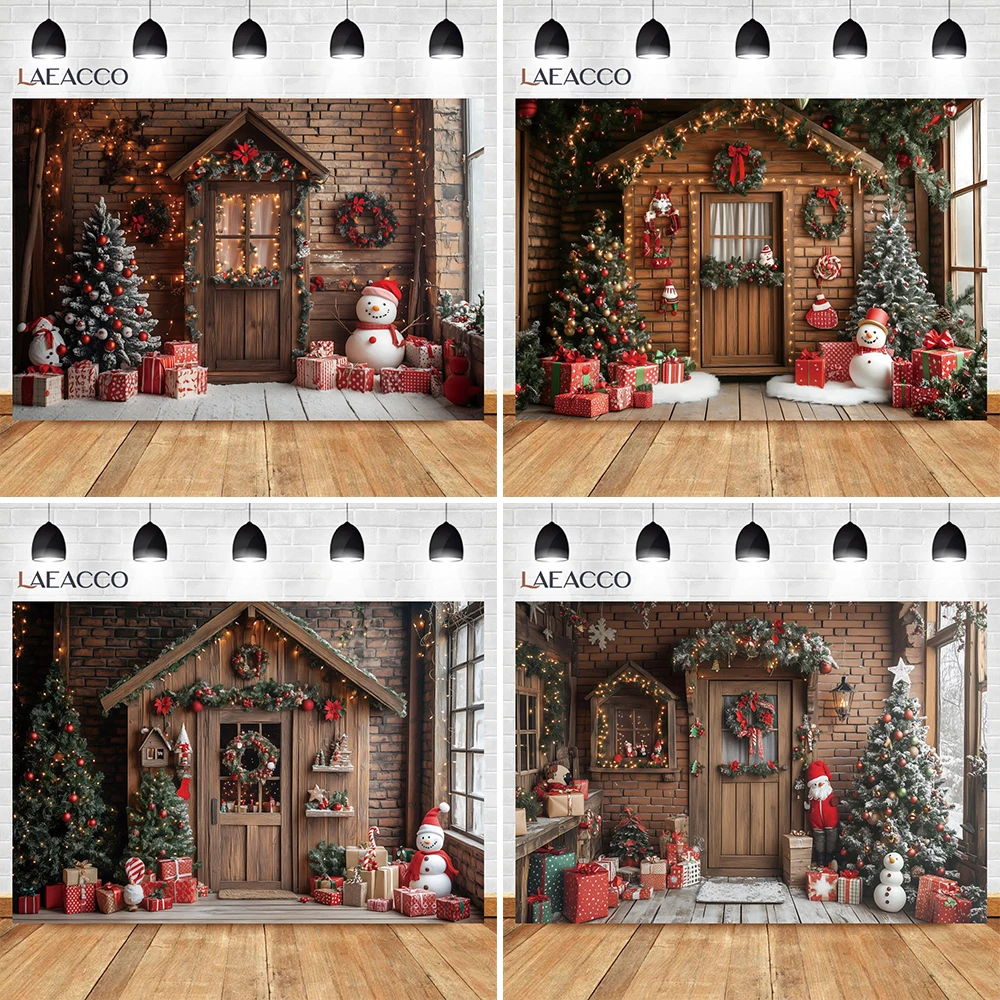 벽돌 벽 나무 집 크리스마스 사진 배경 실내 장면 눈사람 크리스마스 나무 화환 어린이 초상화 사진 배경