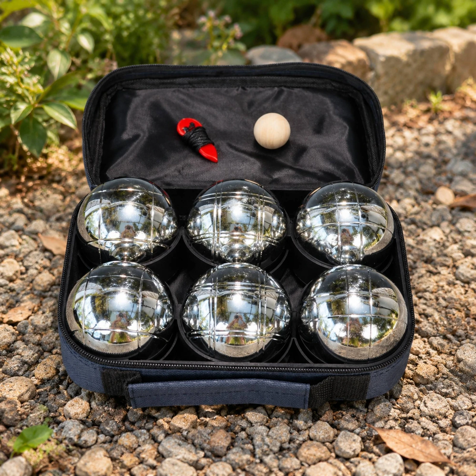 Bocce Ball Set with Wooden Jack Complete Engraved Bocce Ball with Measuring Accessory Chrome-Plated Pétanque Boule Official Size