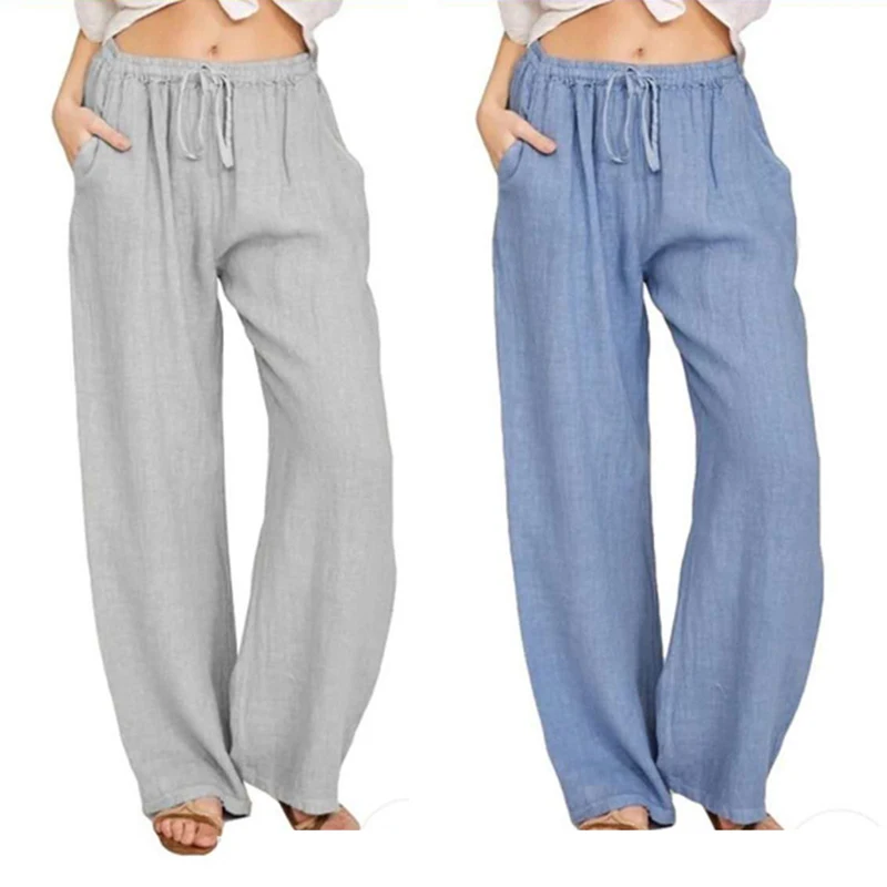 Cotton Linen Loose Drawstring Women's Pants Wide-Leg High Waist Trousers Women Korean Solid Pocket Female Stretch Straight Pants