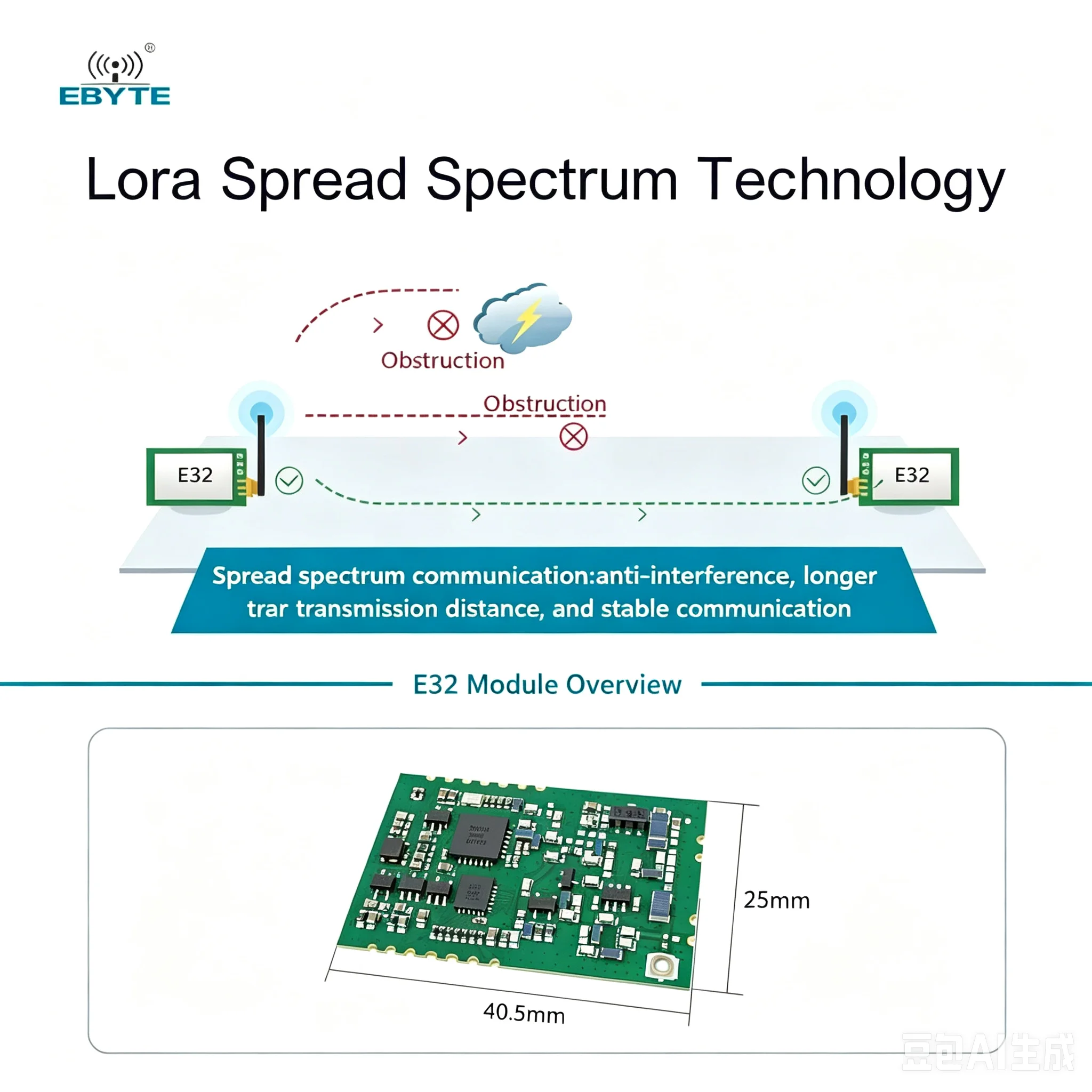 E32 UART Module LoRa Spread Spectrum 170/433/915/868MHz Long Disctance 20/30/33dBm Stamp Hole EBYTE SMD UART Wireless Module